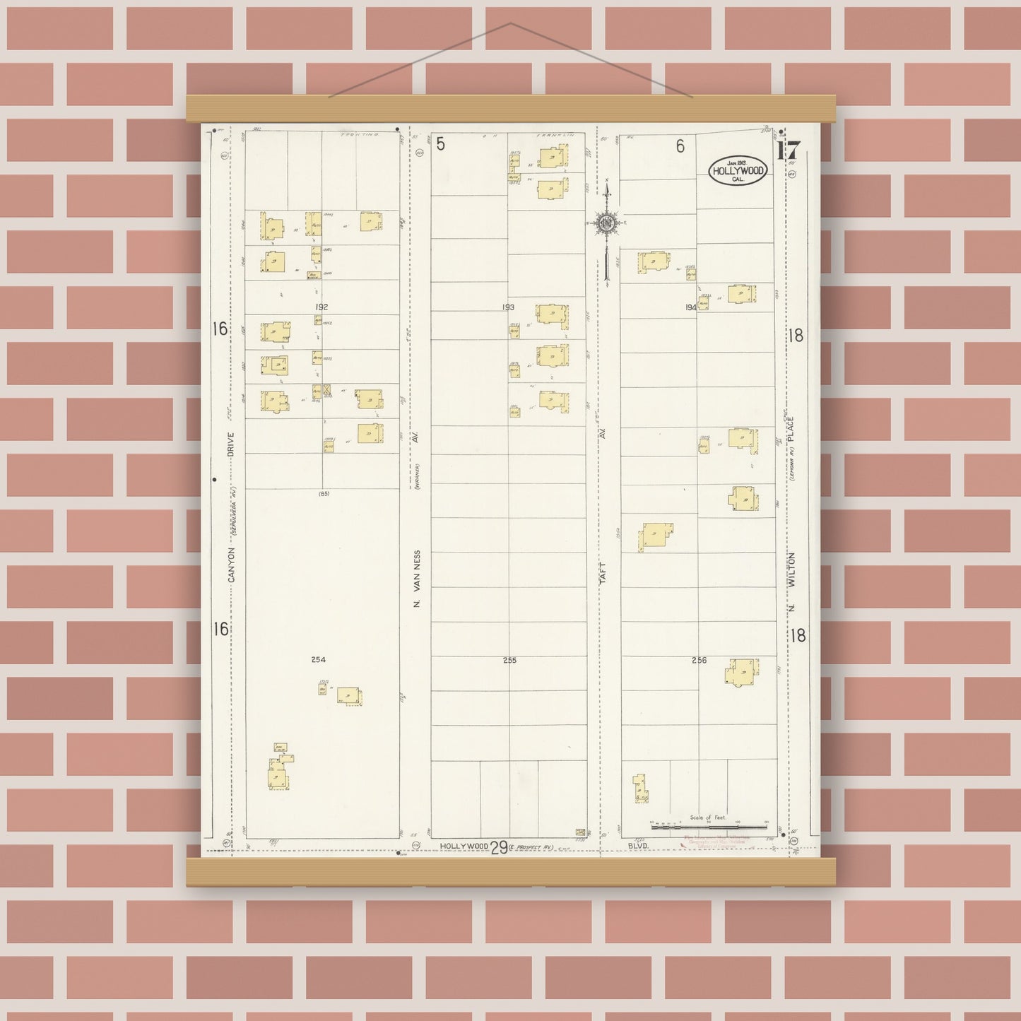 Old map wall art mockup — magnetic wood frame on brick wall — Sanborn Fire Insurance Map from Hollywood, Los Angeles County, California (1913), Sheet #0017