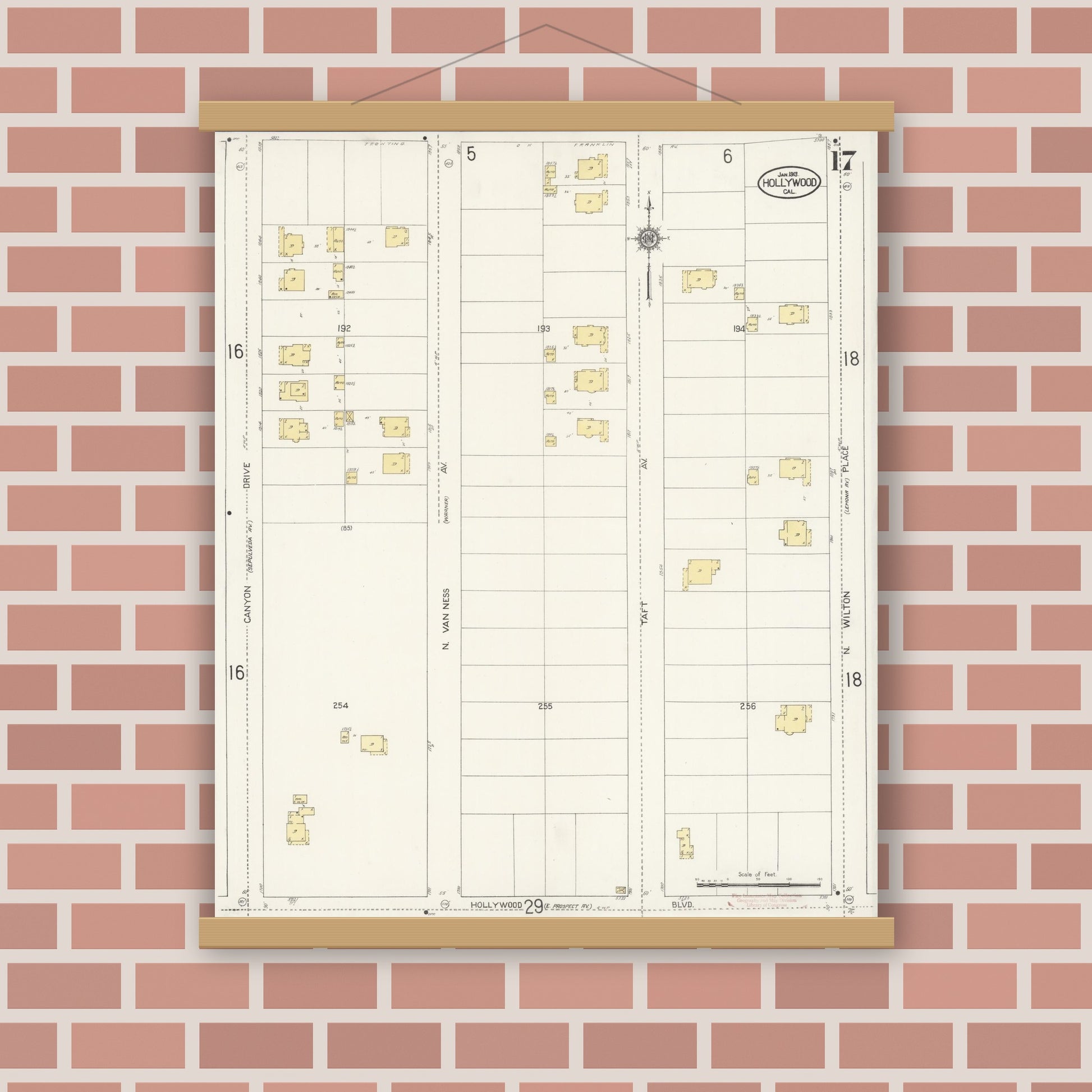 Old map wall art mockup — magnetic wood frame on brick wall — Sanborn Fire Insurance Map from Hollywood, Los Angeles County, California (1913), Sheet #0017