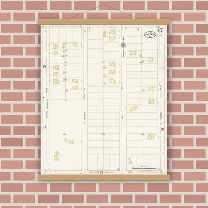 Old map wall art mockup — magnetic wood frame on brick wall — Sanborn Fire Insurance Map from Hollywood, Los Angeles County, California (1913), Sheet #0017