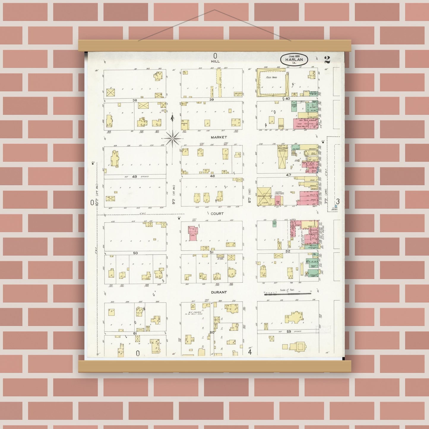 Old map wall art mockup — magnetic wood frame on brick wall — Sanborn Fire Insurance Map from Harlan, Shelby County, Iowa (1899), Sheet #0002