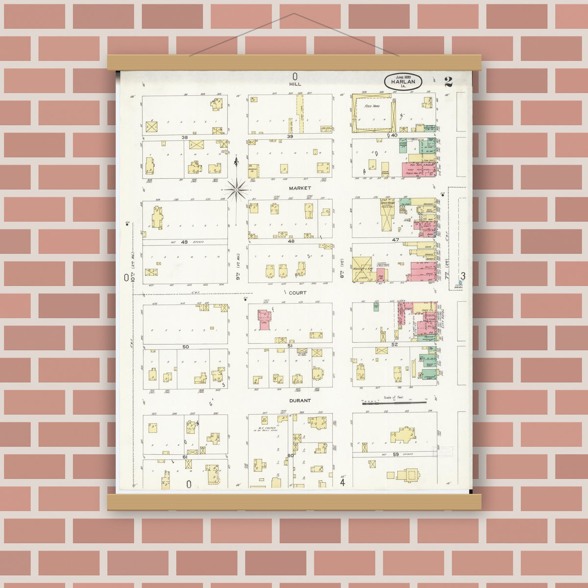 Old map wall art mockup — magnetic wood frame on brick wall — Sanborn Fire Insurance Map from Harlan, Shelby County, Iowa (1899), Sheet #0002