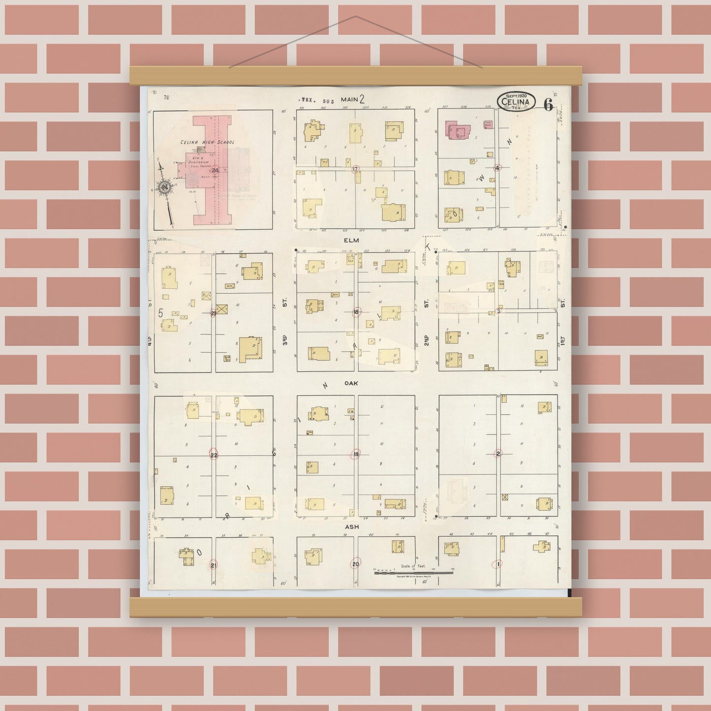 Old map wall art mockup — magnetic wood frame on brick wall — Sanborn Fire Insurance Map from Celina, Collin County, Texas (1944), Sheet #0006