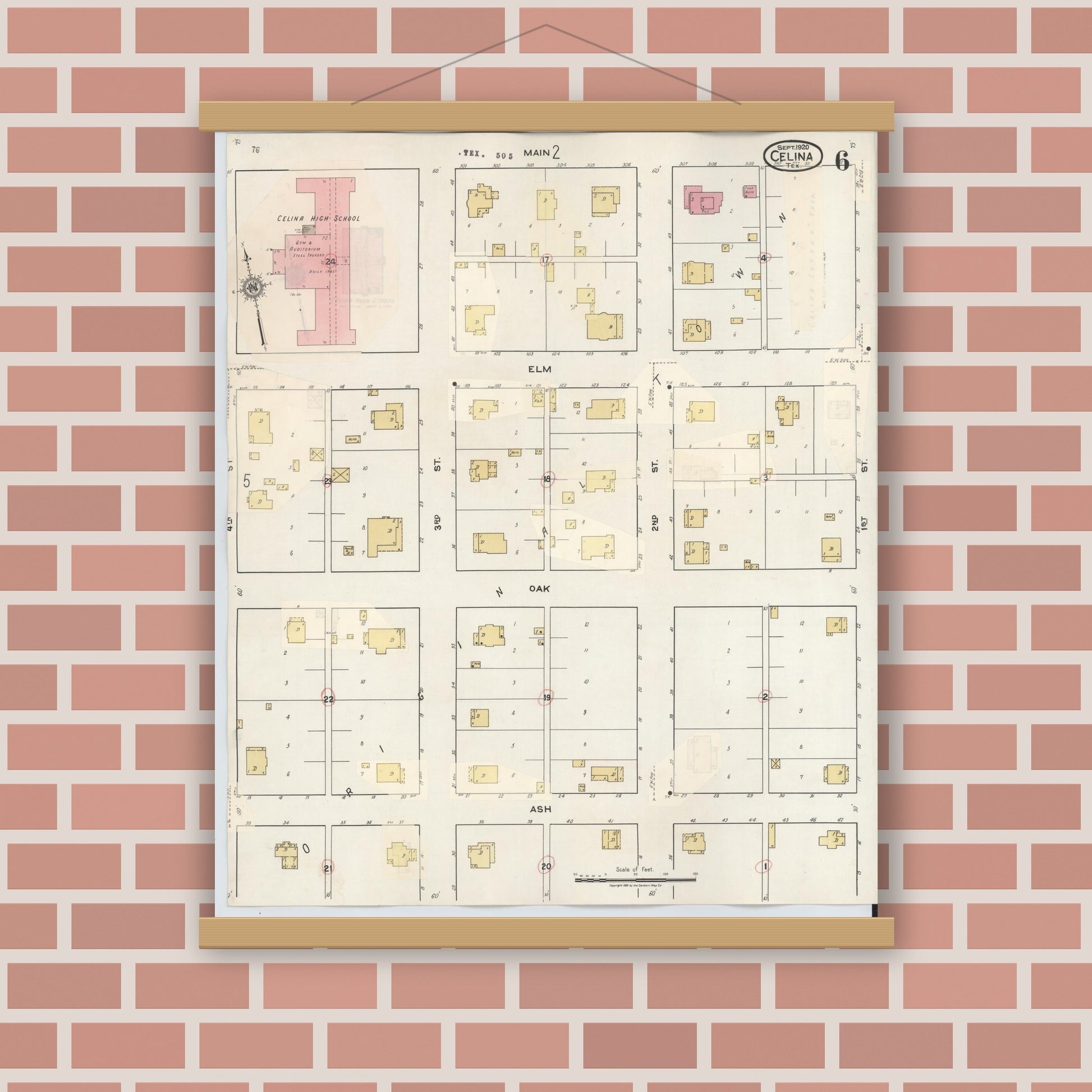 Old map wall art mockup — magnetic wood frame on brick wall — Sanborn Fire Insurance Map from Celina, Collin County, Texas (1944), Sheet #0006