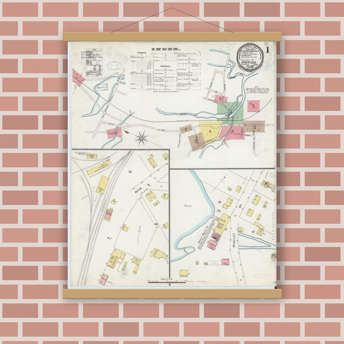 Old map wall art mockup — magnetic wood frame on brick wall — Sanborn Fire Insurance Map from Uxbridge, Worcester County, Massachusetts (1898), Sheet #0001