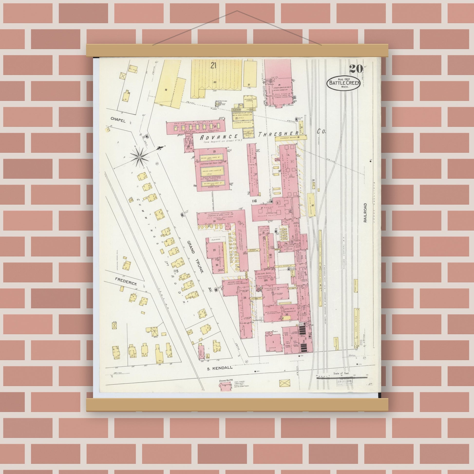 Old map wall art mockup — magnetic wood frame on brick wall — Sanborn Fire Insurance Map from Battle Creek, Calhoun County, Michigan (1907), Sheet #0020