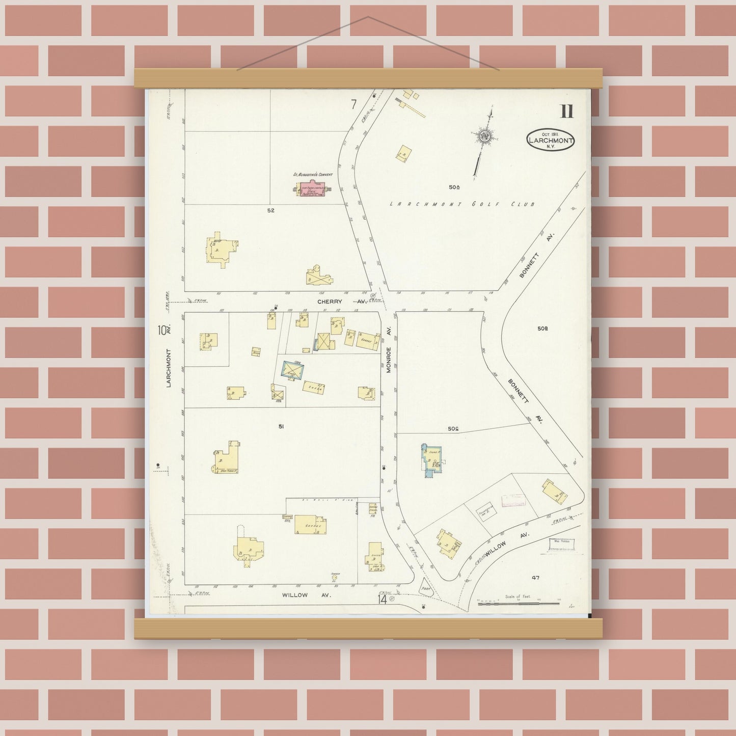 Old map wall art mockup — magnetic wood frame on brick wall — Sanborn Fire Insurance Map from Larchmont, Westchester County, New York (1911), Sheet #0011