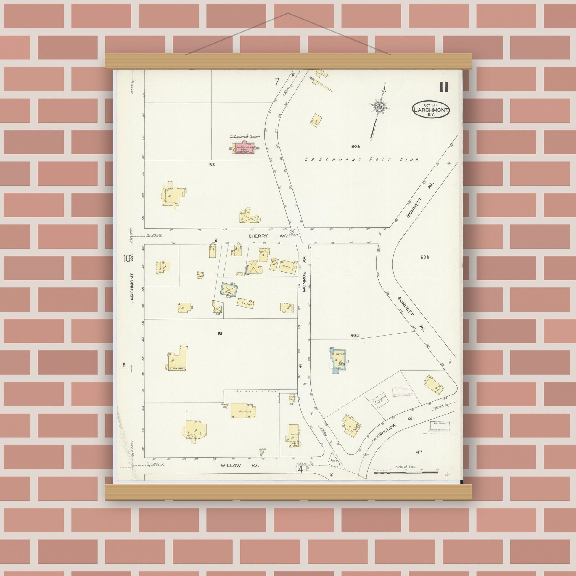 Old map wall art mockup — magnetic wood frame on brick wall — Sanborn Fire Insurance Map from Larchmont, Westchester County, New York (1911), Sheet #0011