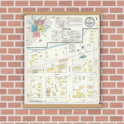 Old map wall art mockup — magnetic wood frame on brick wall — Sanborn Fire Insurance Map from Columbus, Columbia and Dodge County, Wisconsin (1915), Sheet #0001
