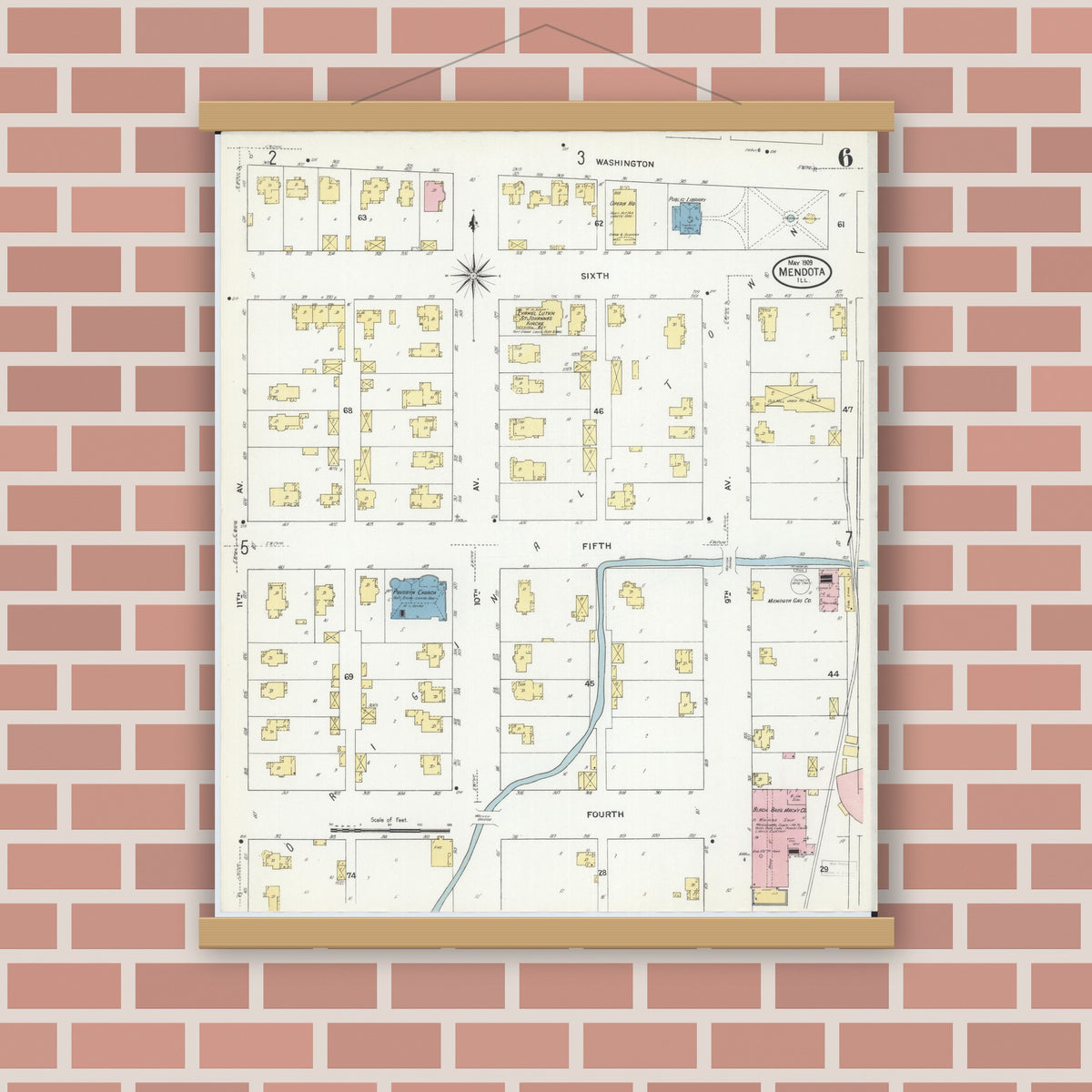 Old map wall art mockup — magnetic wood frame on brick wall — Sanborn Fire Insurance Map from Mendota, La Salle County, Illinois (1909), Sheet #0006