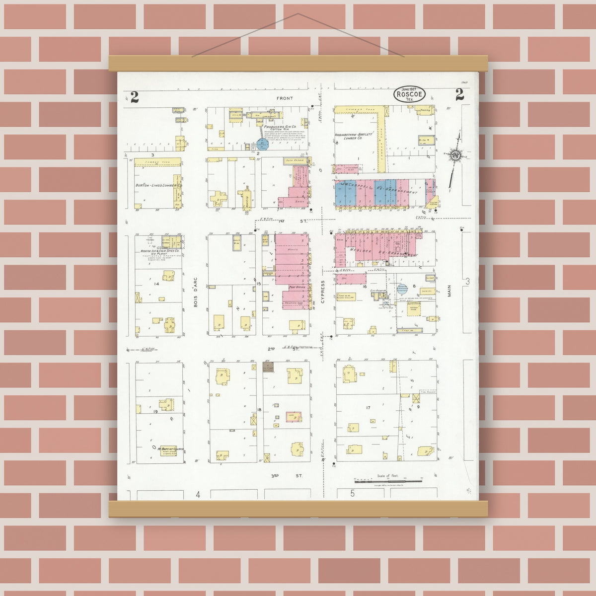Old map wall art mockup — magnetic wood frame on brick wall — Sanborn Fire Insurance Map from Roscoe, Nolan County, Texas (1927), Sheet #0002