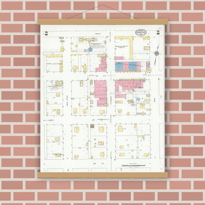 Old map wall art mockup — magnetic wood frame on brick wall — Sanborn Fire Insurance Map from Roscoe, Nolan County, Texas (1927), Sheet #0002