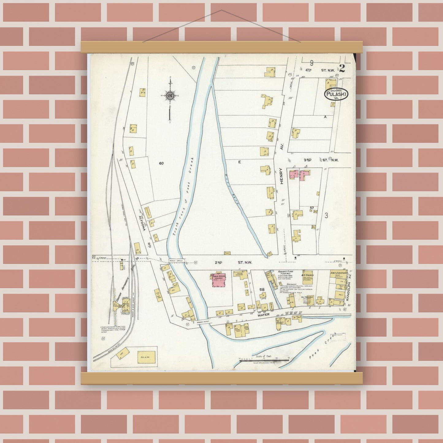 Old map wall art mockup — magnetic wood frame on brick wall — Sanborn Fire Insurance Map from Pulaski, Pulaski County, Virginia (1920), Sheet #0002