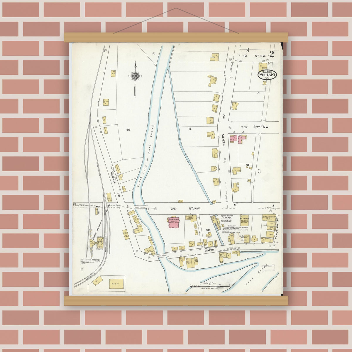 Old map wall art mockup — magnetic wood frame on brick wall — Sanborn Fire Insurance Map from Pulaski, Pulaski County, Virginia (1920), Sheet #0002