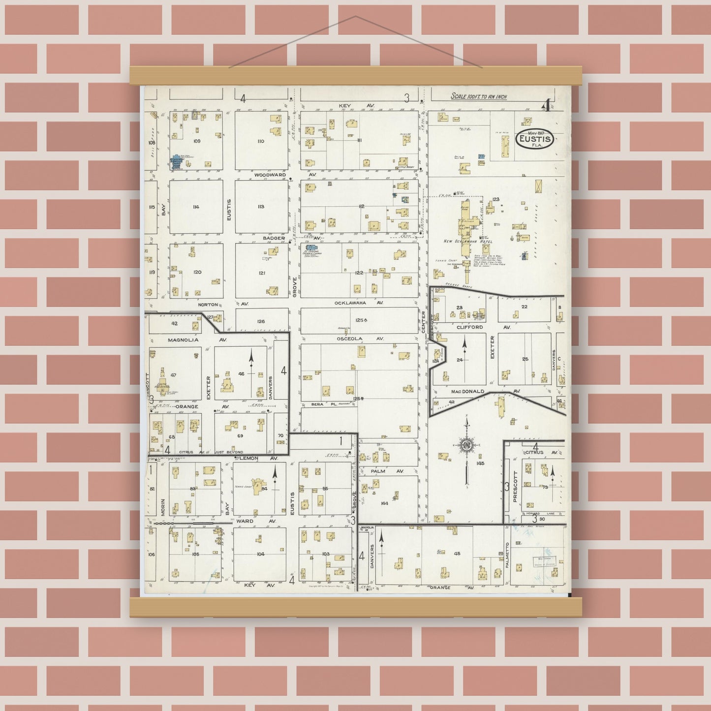 Old map wall art mockup — magnetic wood frame on brick wall — Sanborn Fire Insurance Map from Eustis, Lake County, Florida (1917), Sheet #0004