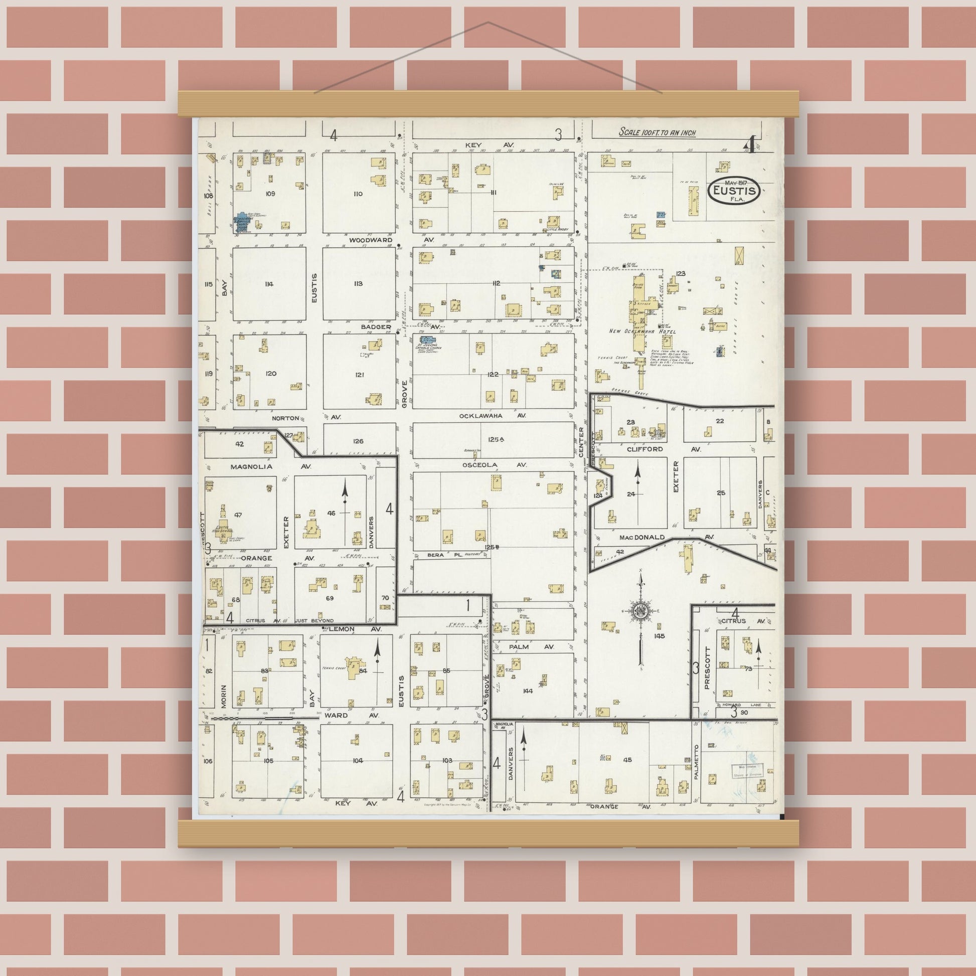 Old map wall art mockup — magnetic wood frame on brick wall — Sanborn Fire Insurance Map from Eustis, Lake County, Florida (1917), Sheet #0004