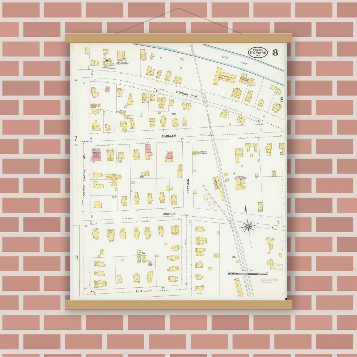 Old map wall art mockup — magnetic wood frame on brick wall — Sanborn Fire Insurance Map from Newark, Wayne County, New York (1906), Sheet #0008