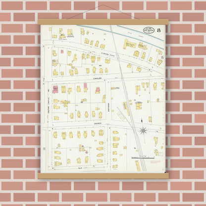 Old map wall art mockup — magnetic wood frame on brick wall — Sanborn Fire Insurance Map from Newark, Wayne County, New York (1906), Sheet #0008