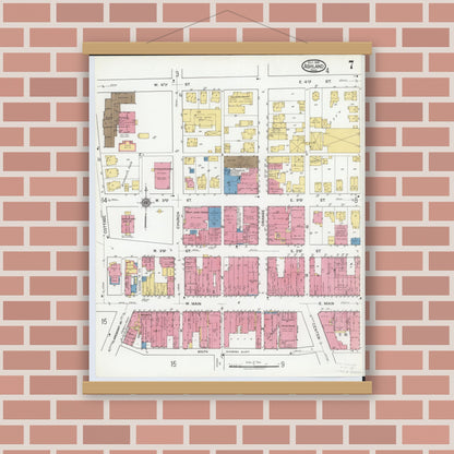 Old map wall art mockup — magnetic wood frame on brick wall — Sanborn Fire Insurance Map from Ashland, Ashland County, Ohio (1919), Sheet #0007