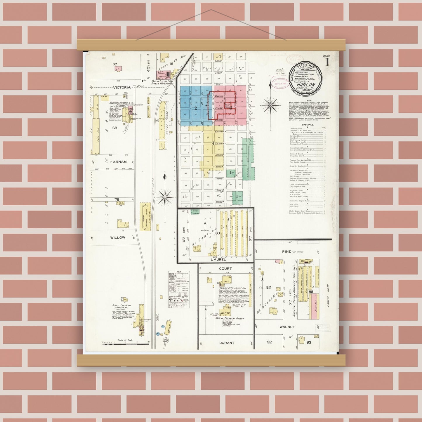 Old map wall art mockup — magnetic wood frame on brick wall — Sanborn Fire Insurance Map from Harlan, Shelby County, Iowa (1899) â€” Complete Set
