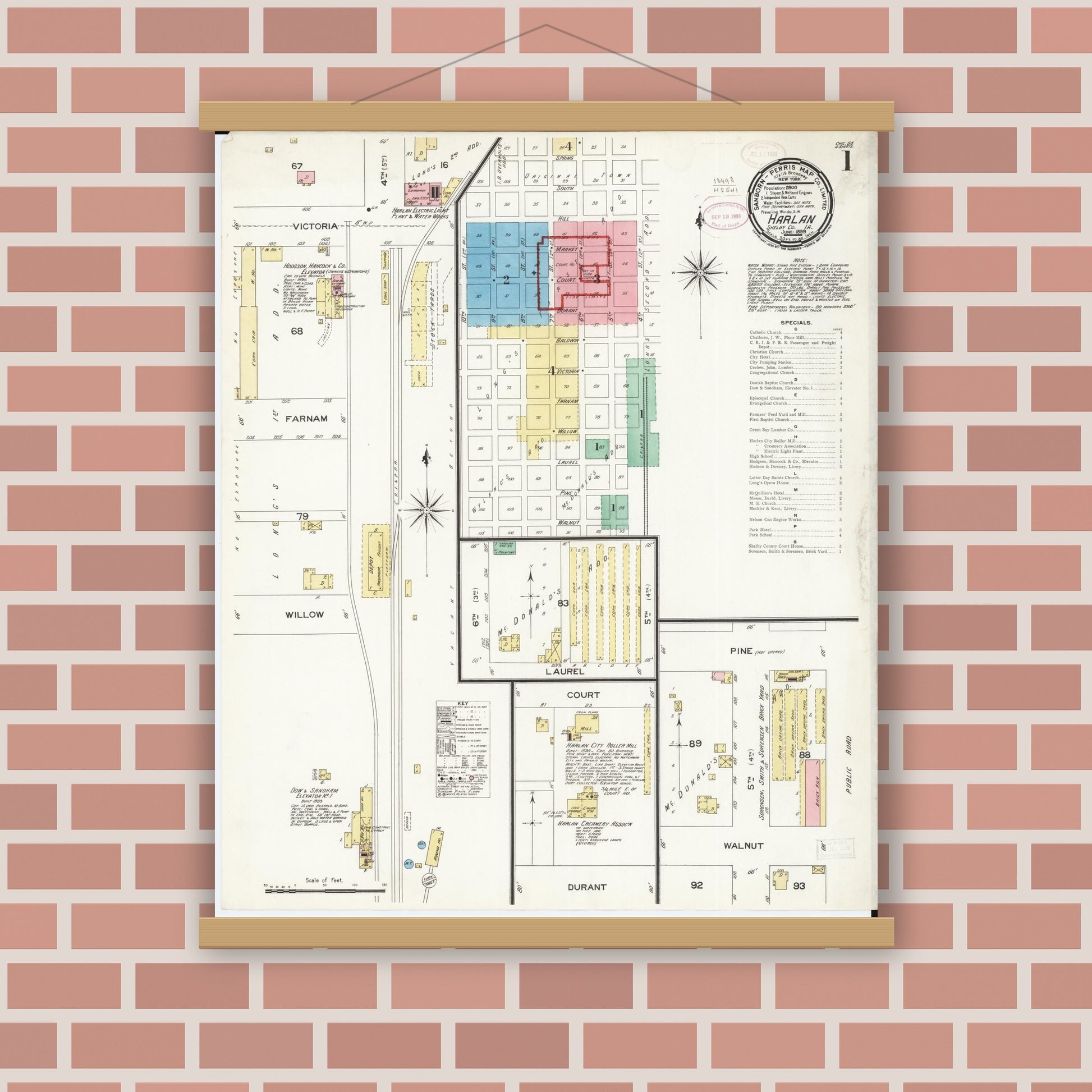 Old map wall art mockup — magnetic wood frame on brick wall — Sanborn Fire Insurance Map from Harlan, Shelby County, Iowa (1899) â€” Complete Set