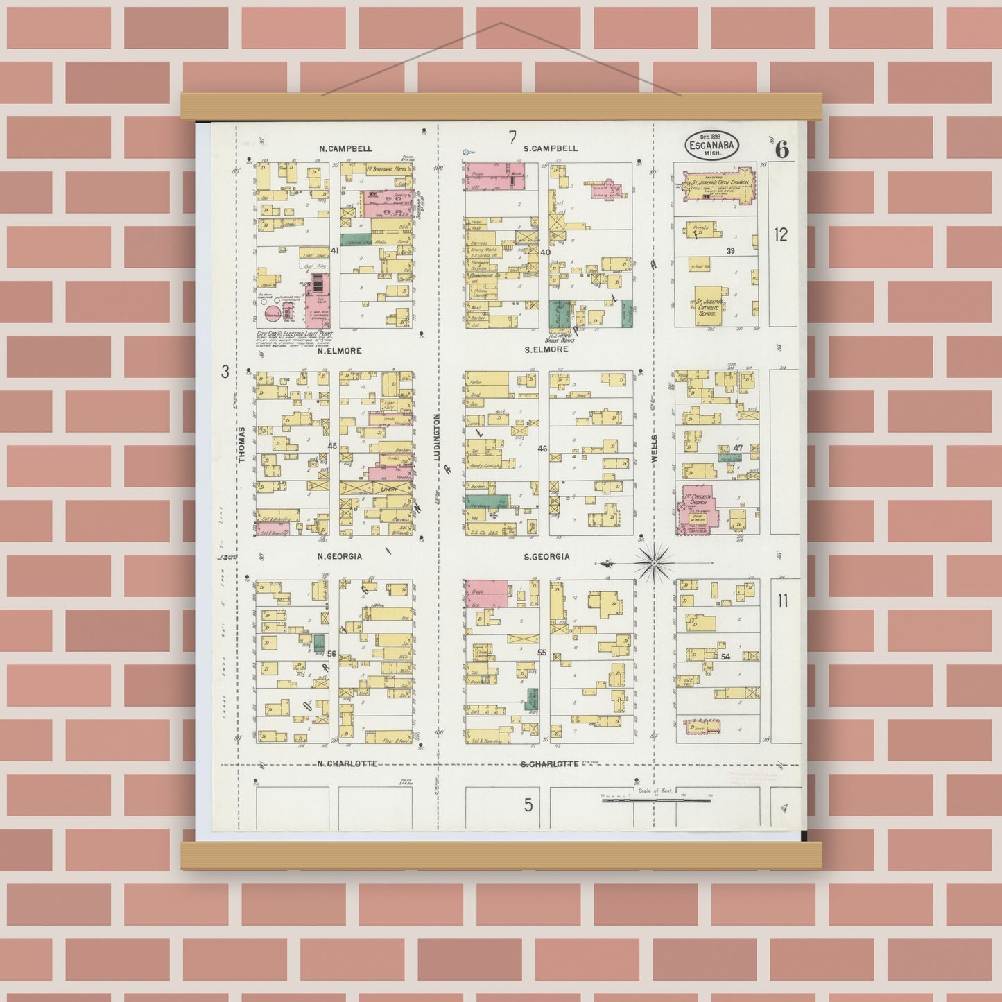 Old map wall art mockup — magnetic wood frame on brick wall — Sanborn Fire Insurance Map from Escanaba, Delta County, Michigan (1899), Sheet #0006