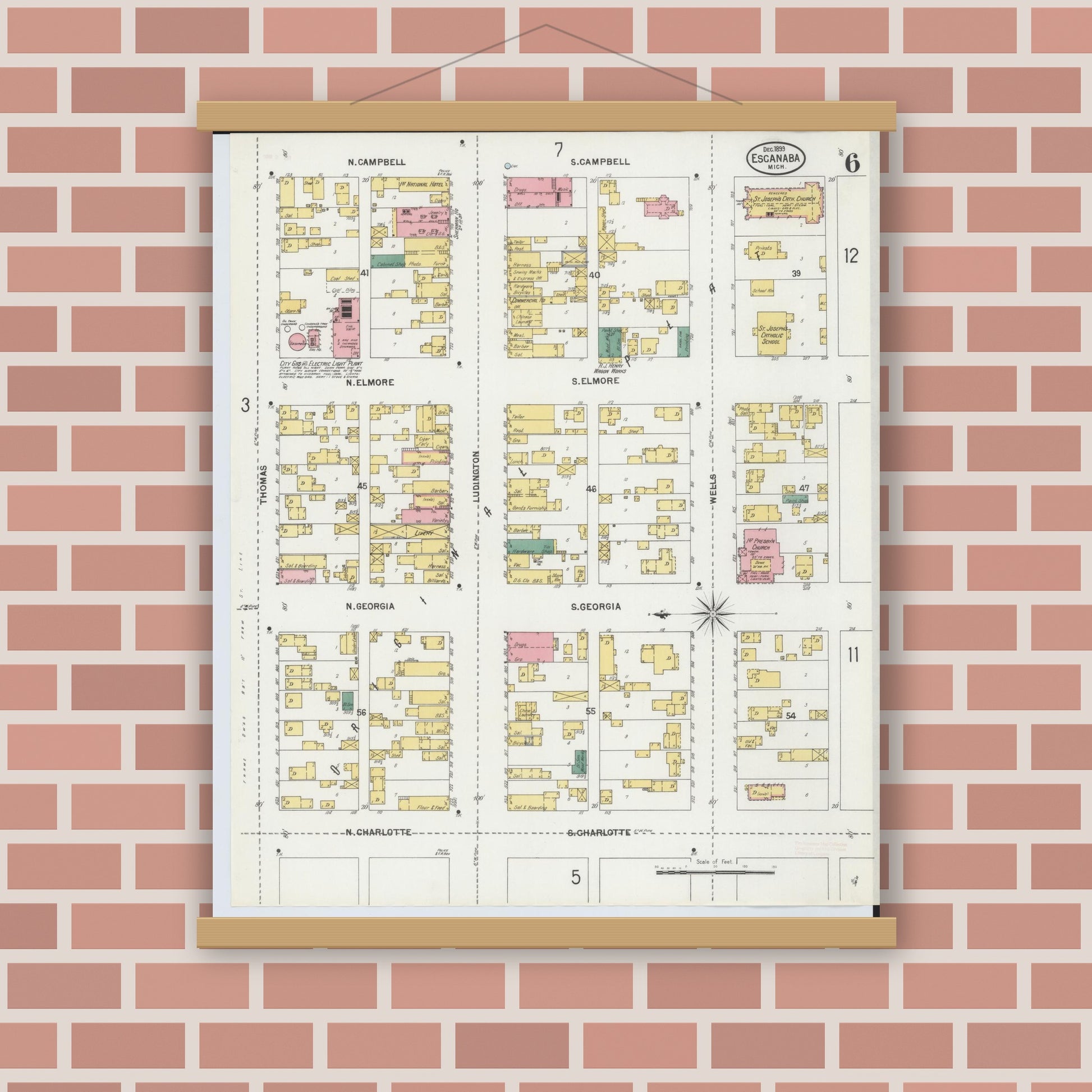 Old map wall art mockup — magnetic wood frame on brick wall — Sanborn Fire Insurance Map from Escanaba, Delta County, Michigan (1899), Sheet #0006
