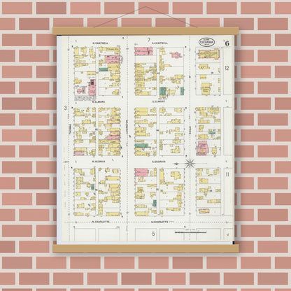 Old map wall art mockup — magnetic wood frame on brick wall — Sanborn Fire Insurance Map from Escanaba, Delta County, Michigan (1899), Sheet #0006