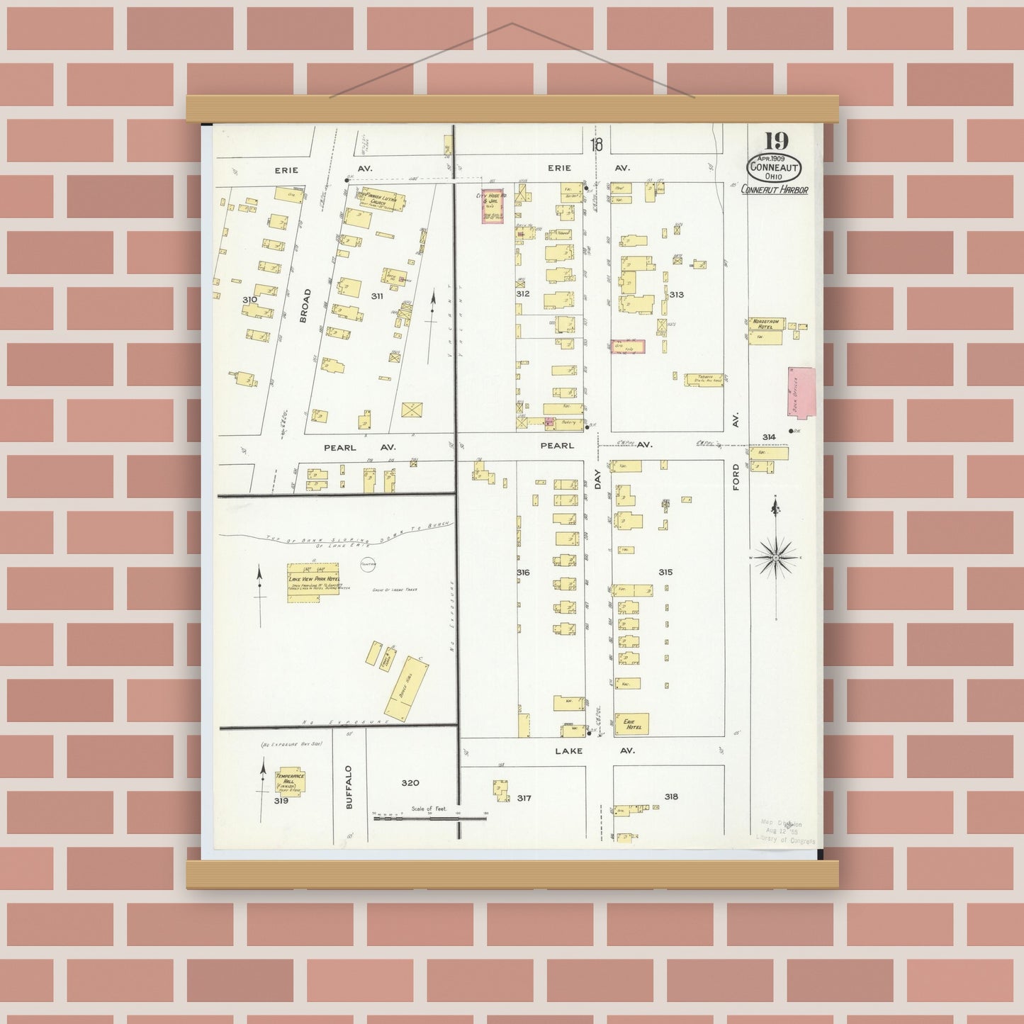 Old map wall art mockup — magnetic wood frame on brick wall — Sanborn Fire Insurance Map from Conneaut, Ashtabula County, Ohio (1909), Sheet #0019