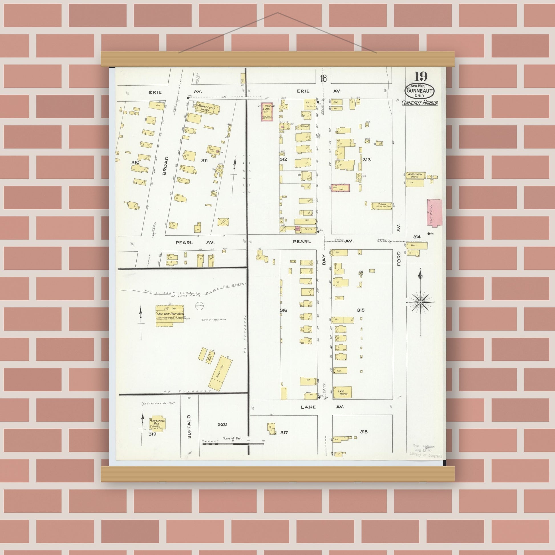 Old map wall art mockup — magnetic wood frame on brick wall — Sanborn Fire Insurance Map from Conneaut, Ashtabula County, Ohio (1909), Sheet #0019