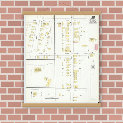 Old map wall art mockup — magnetic wood frame on brick wall — Sanborn Fire Insurance Map from Conneaut, Ashtabula County, Ohio (1909), Sheet #0019