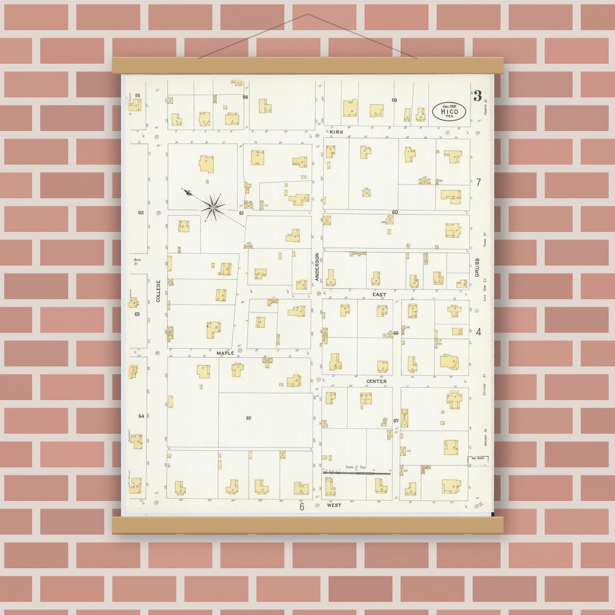 Old map wall art mockup — magnetic wood frame on brick wall — Sanborn Fire Insurance Map from Hico, Hamilton County, Texas (1907), Sheet #0003