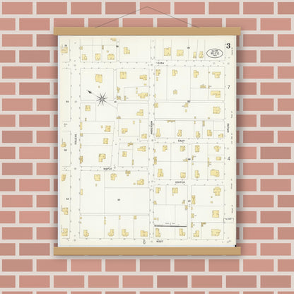 Old map wall art mockup — magnetic wood frame on brick wall — Sanborn Fire Insurance Map from Hico, Hamilton County, Texas (1907), Sheet #0003