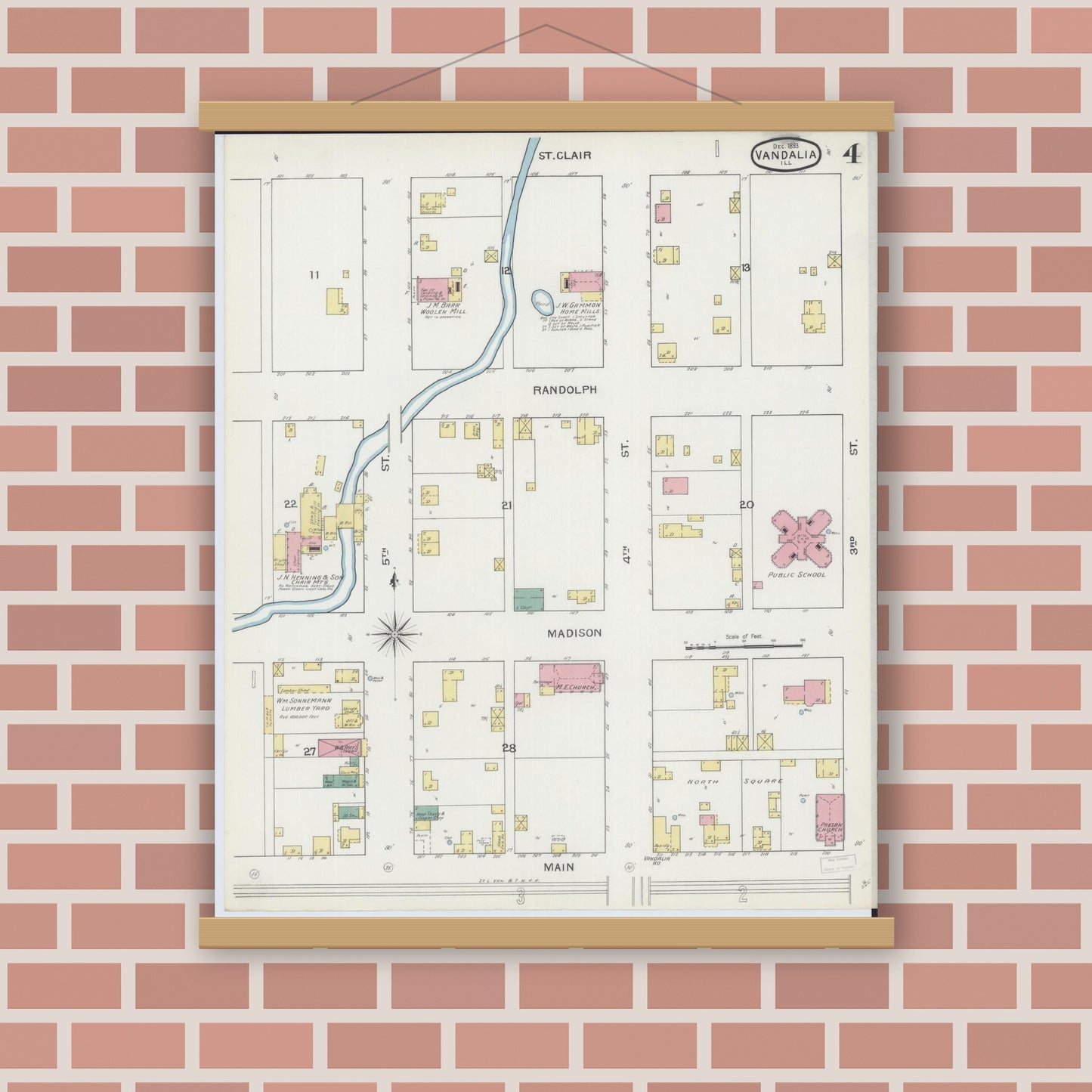 Old map wall art mockup — magnetic wood frame on brick wall — Sanborn Fire Insurance Map from Vandalia, Fayette County, Illinois (1893), Sheet #0004