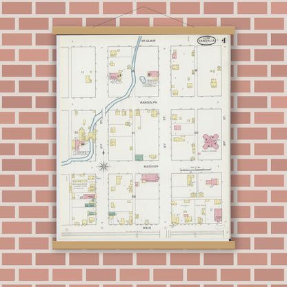 Old map wall art mockup — magnetic wood frame on brick wall — Sanborn Fire Insurance Map from Vandalia, Fayette County, Illinois (1893), Sheet #0004