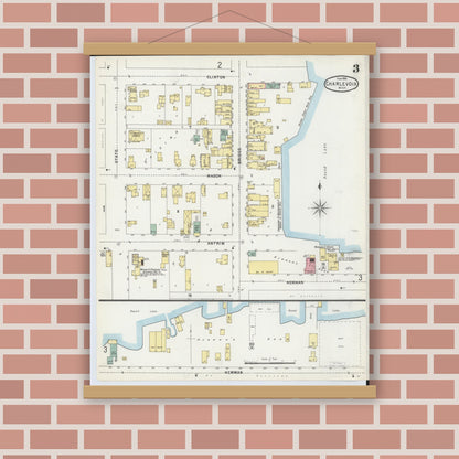 Old map wall art mockup — magnetic wood frame on brick wall — Sanborn Fire Insurance Map from Charlevoix, Charlevoix County, Michigan (1896), Sheet #0003
