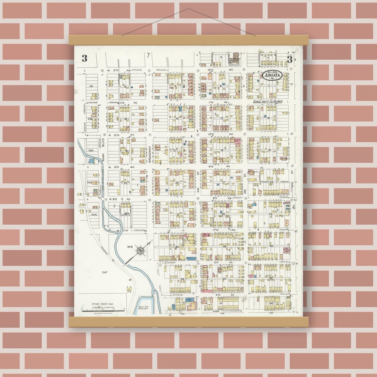 Old map wall art mockup — magnetic wood frame on brick wall — Sanborn Fire Insurance Map from Juniata, Blair County, Pennsylvania (1925), Sheet #0003
