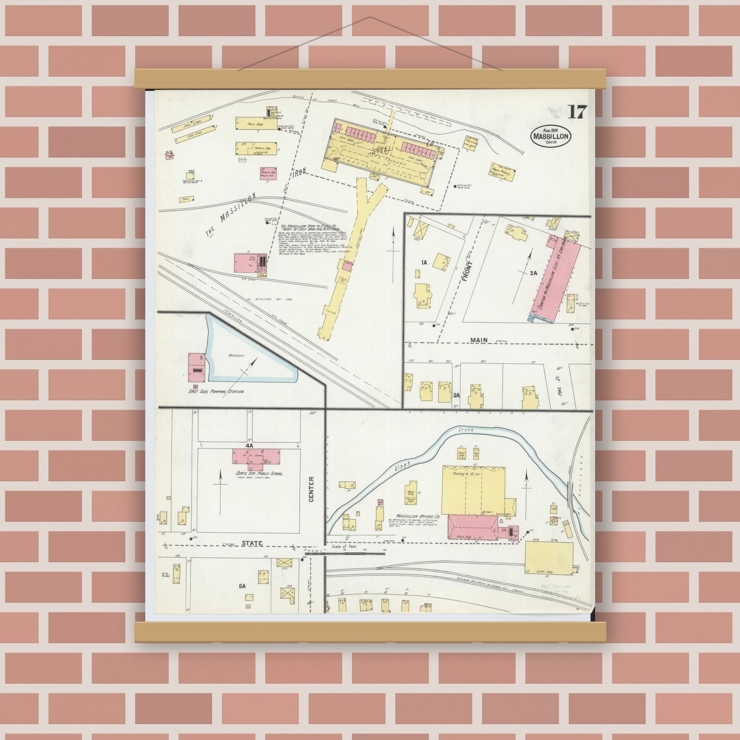 Old map wall art mockup — magnetic wood frame on brick wall — Sanborn Fire Insurance Map from Massillon, Stark County, Ohio (1901), Sheet #0017