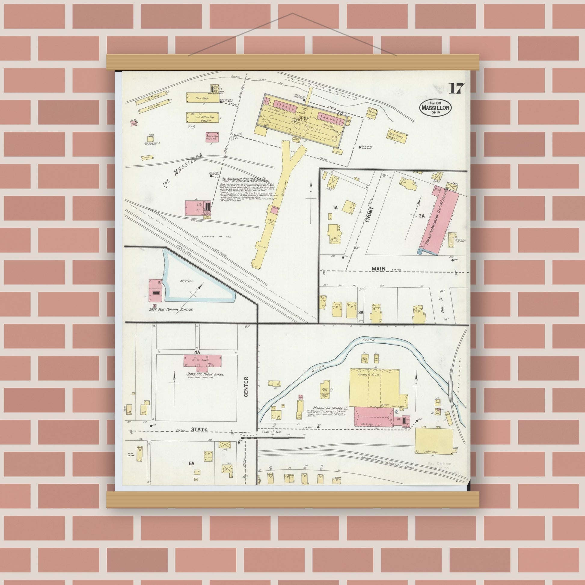Old map wall art mockup — magnetic wood frame on brick wall — Sanborn Fire Insurance Map from Massillon, Stark County, Ohio (1901), Sheet #0017