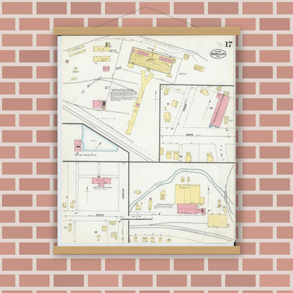 Old map wall art mockup — magnetic wood frame on brick wall — Sanborn Fire Insurance Map from Massillon, Stark County, Ohio (1901), Sheet #0017