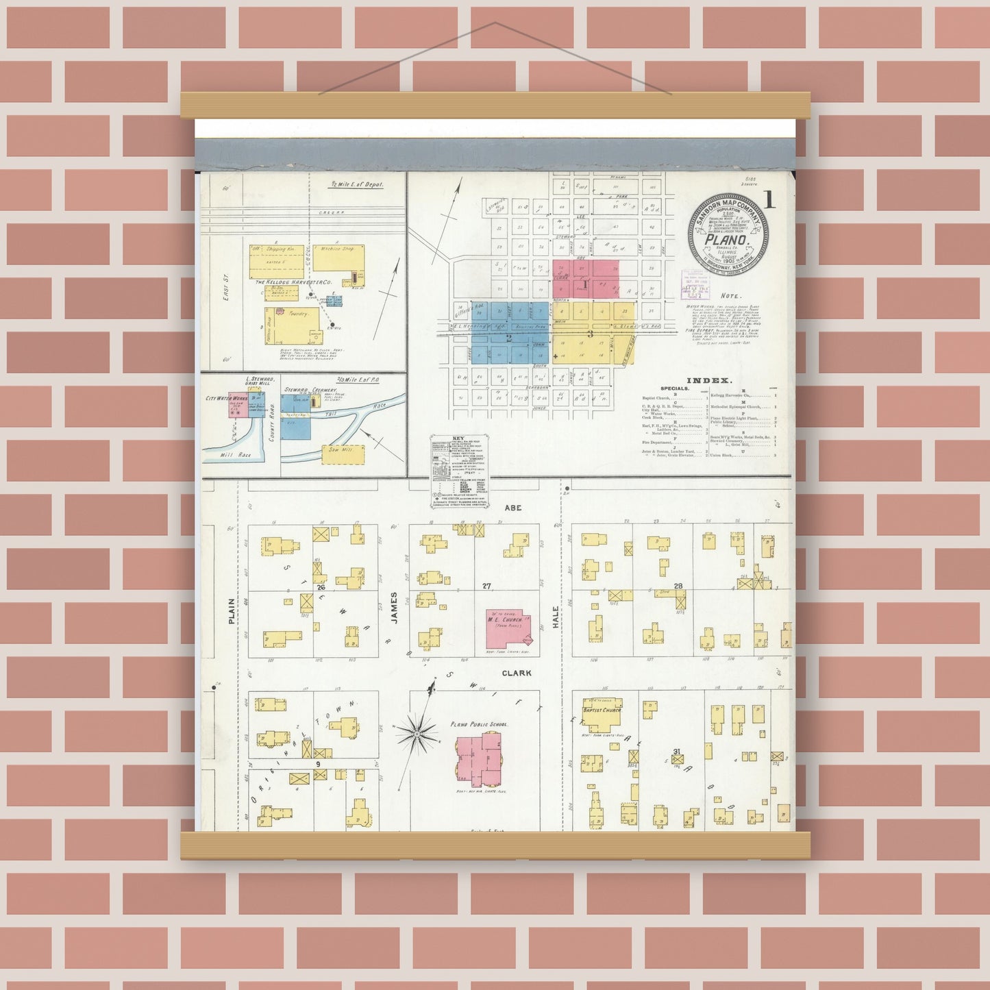 Old map wall art mockup — magnetic wood frame on brick wall — Sanborn Fire Insurance Map from Plano, Kendall County, Illinois (1905) - Complete Map Set