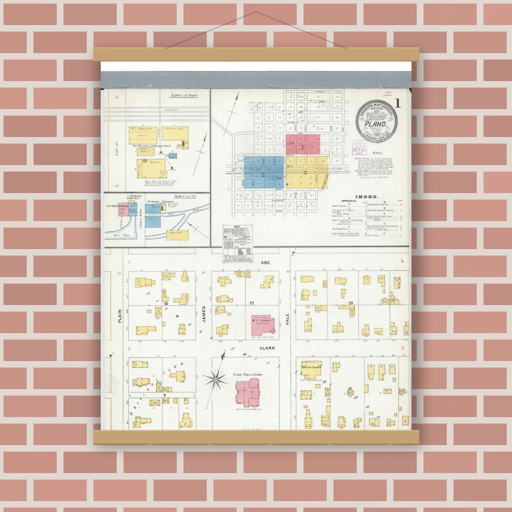 Old map wall art mockup — magnetic wood frame on brick wall — Sanborn Fire Insurance Map from Plano, Kendall County, Illinois (1905) - Complete Map Set