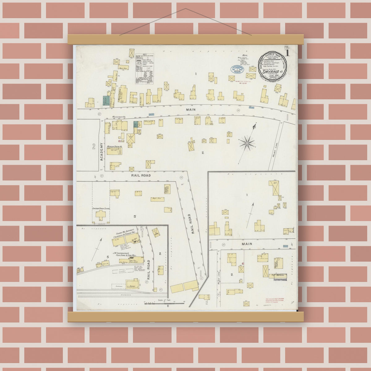 Old map wall art mockup — magnetic wood frame on brick wall — Sanborn Fire Insurance Map from Smyrna, Chenango County, New York (1894) - Complete Map Set