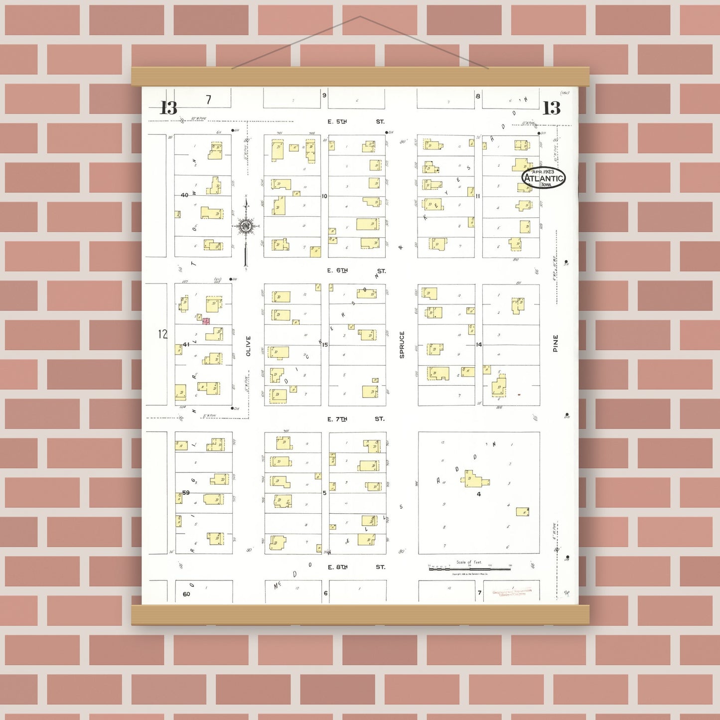 Old map wall art mockup — magnetic wood frame on brick wall — Sanborn Fire Insurance Map from Atlantic, Cass County, Iowa (1923), Sheet #0013
