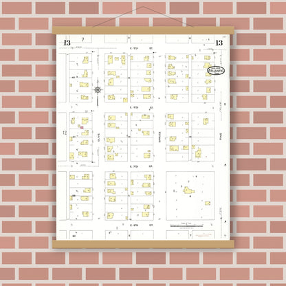Old map wall art mockup — magnetic wood frame on brick wall — Sanborn Fire Insurance Map from Atlantic, Cass County, Iowa (1923), Sheet #0013