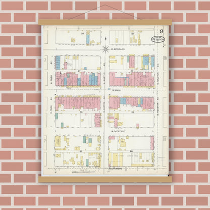 Old map wall art mockup — magnetic wood frame on brick wall — Sanborn Fire Insurance Map from Denison, Grayson County, Texas (1892), Sheet #0009