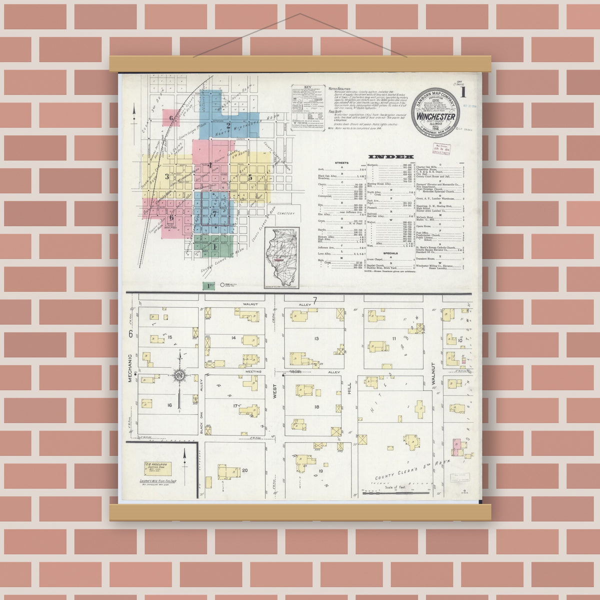 Old map wall art mockup — magnetic wood frame on brick wall — Sanborn Fire Insurance Map from Winchester, Scott County, Illinois (1914), Sheet #0001