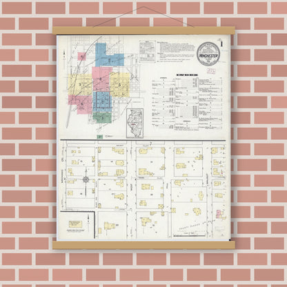 Old map wall art mockup — magnetic wood frame on brick wall — Sanborn Fire Insurance Map from Winchester, Scott County, Illinois (1914), Sheet #0001
