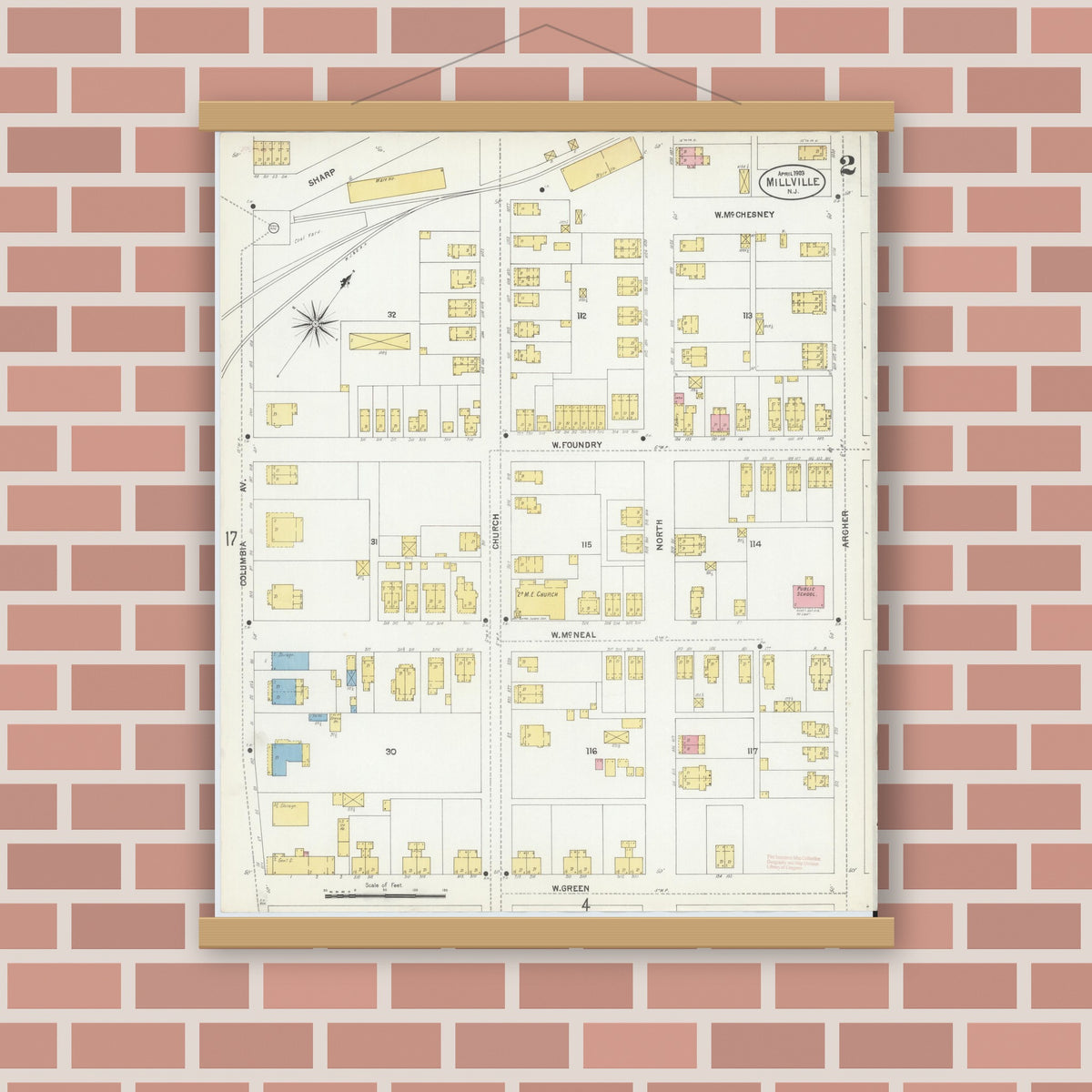 Old map wall art mockup — magnetic wood frame on brick wall — Sanborn Fire Insurance Map from Millville, Cumberland County, New Jersey (1903), Sheet #0002
