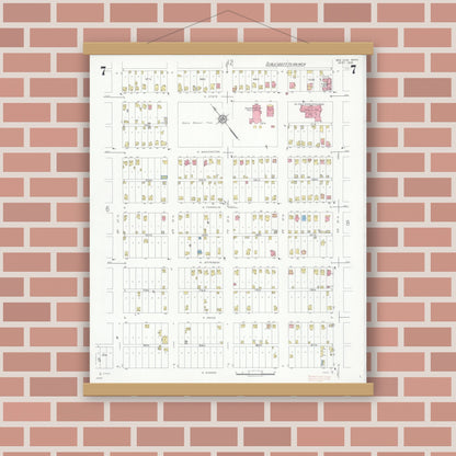 Old map wall art mockup — magnetic wood frame on brick wall — Sanborn Fire Insurance Map from New Ulm, Brown County, Minnesota (1935), Sheet #0007