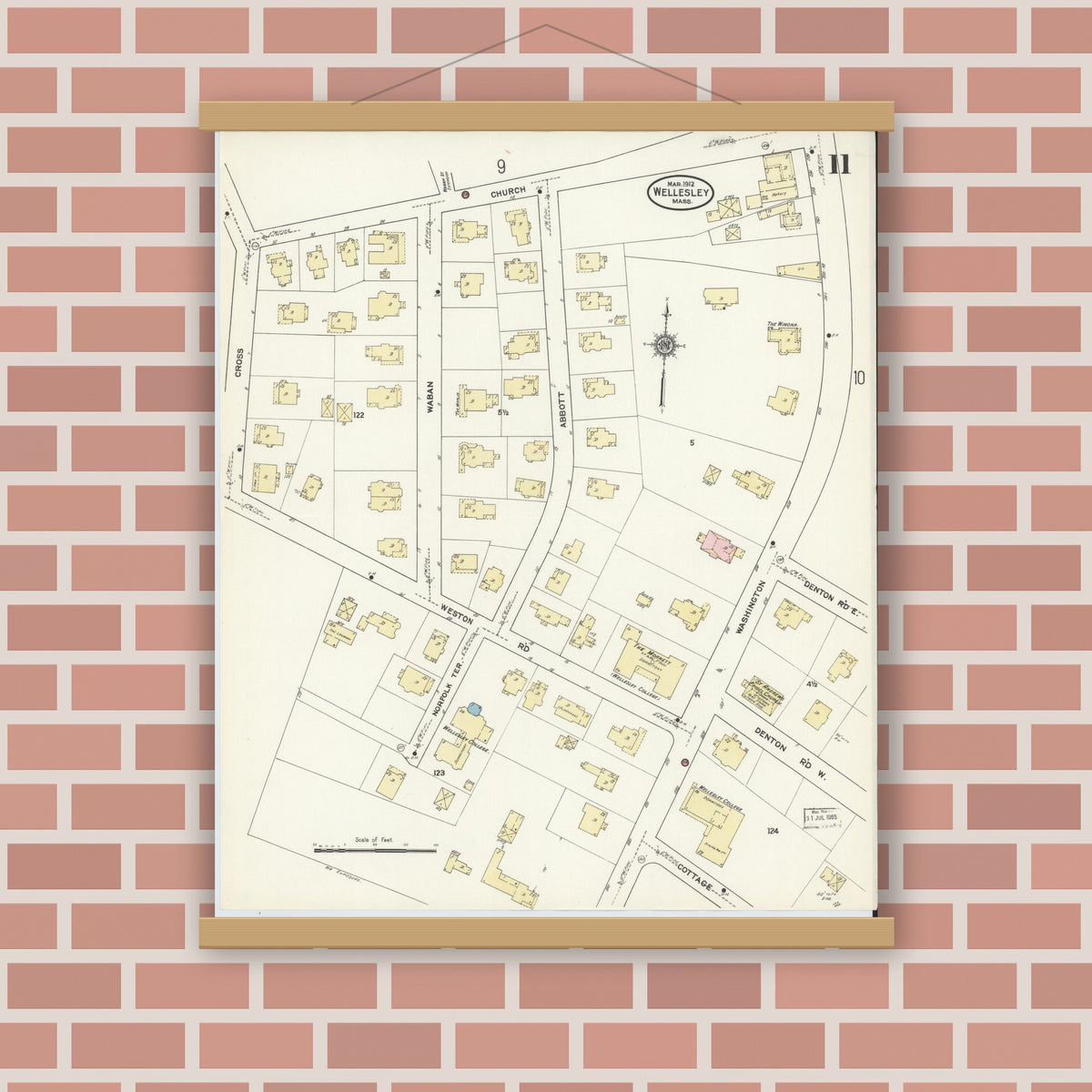 Old map wall art mockup — magnetic wood frame on brick wall — Sanborn Fire Insurance Map from Wellesley, Norfolk County, Massachusetts (1912), Sheet #0011